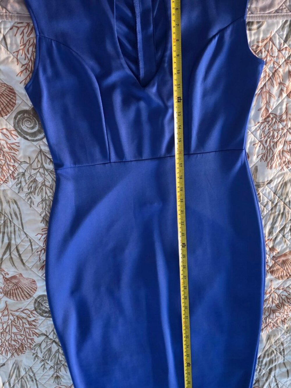 Royal Blue Bodycon Midi Dress Size L Plunge V Neck Gold Back Zip Stretch